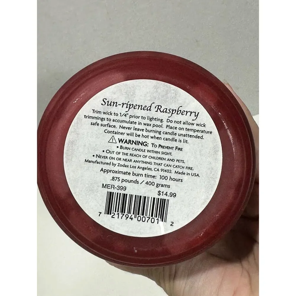 Vintage Sun Ripened Raspberry‎ Candle Jar .875 Pounds MER 399 By Zodax Made USA